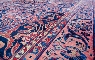 Antique Saruk Carpet 363x263cm  in good condition.

More info:https://sharafiandco.com/product/vintage-saruk-carpet-blue-field-with-swirling-floral-design-purple-border/
                        