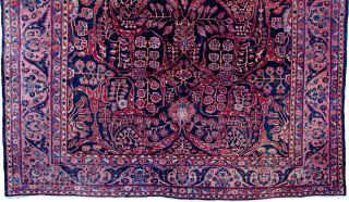 Antique Saruk Carpet 363x263cm  in good condition.

More info:https://sharafiandco.com/product/vintage-saruk-carpet-blue-field-with-swirling-floral-design-purple-border/
                        
