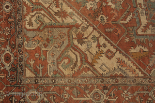 13100 Heriz 367x294 late 19th Century. Lovely soft coloured Heriz with fabulous unusual size. About 3cm of the end as been rewoven. Even low pile through out.
More info: https://sharafiandco.com/product/antique-serapi-heriz-carpet-367x294cm/