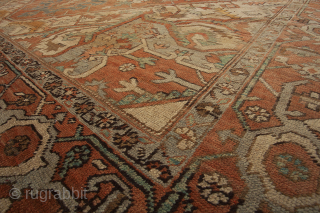 13100 Heriz 367x294 late 19th Century. Lovely soft coloured Heriz with fabulous unusual size. About 3cm of the end as been rewoven. Even low pile through out.
More info: https://sharafiandco.com/product/antique-serapi-heriz-carpet-367x294cm/