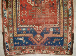 Antique Kazak rug 157x108cm, Circa 1900. Soft colours, in relatively good condition, in need of some attention.                