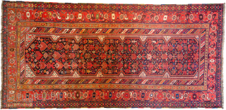 Antique Khamseh Carpet 353x180cm with vibrant colours and crisp drawing in good conditioin.

More info: https://sharafiandco.com/product/antique-khamseh-carpet-353x180cm/
                  