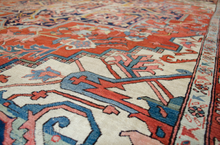 Antique Serapi Carpet with wonderful saturated colours and in very good condition. A little bit of loss to one end and some low areas as shown in the images. 394x293cm

More info: https://sharafiandco.com/product/antique-serapi-carpet-394x293cm/
 