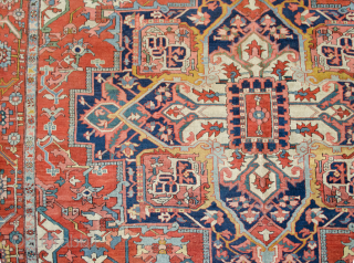 Antique Serapi Carpet with wonderful saturated colours and in very good condition. A little bit of loss to one end and some low areas as shown in the images. 394x293cm

More info: https://sharafiandco.com/product/antique-serapi-carpet-394x293cm/
 