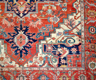 Antique Serapi Carpet with wonderful saturated colours and in very good condition. A little bit of loss to one end and some low areas as shown in the images. 394x293cm

More info: https://sharafiandco.com/product/antique-serapi-carpet-394x293cm/
 