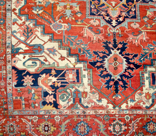 Antique Serapi Carpet with wonderful saturated colours and in very good condition. A little bit of loss to one end and some low areas as shown in the images. 394x293cm

More info: https://sharafiandco.com/product/antique-serapi-carpet-394x293cm/
 