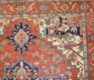 Antique Serapi Carpet with wonderful saturated colours and in very good condition. A little bit of loss to one end and some low areas as shown in the images. 394x293cm

More info: https://sharafiandco.com/product/antique-serapi-carpet-394x293cm/
 