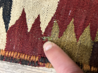 Beautiful antique eye dazzler large Varamin killm 354x180cm with saturated colours. It has a couple of very small tears but priced to go.