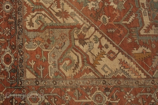 13100 Heriz 367x294 late 19th Century. Lovely soft coloured Heriz with fabulous unusual size. About 3cm of the end as been rewoven. Even low pile through out.

More info: https://sharafiandco.com/product/antique-serapi-heriz-carpet-367x294cm/
    
