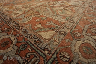 13100 Heriz 367x294 late 19th Century. Lovely soft coloured Heriz with fabulous unusual size. About 3cm of the end as been rewoven. Even low pile through out.

More info: https://sharafiandco.com/product/antique-serapi-heriz-carpet-367x294cm/
    