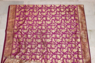 A very beautiful & rare real zari (silk woven with pure gold & silver thread ) sari of nine yards with extremely rare pattern of Shikargah & Pallu of brocade & gota  ...