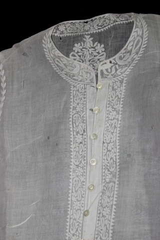  A Collectable extremely rare cotton (mulmul) chikan embroidery  Angrakha from Nawab family of Lukhnow ( Awadh ).
Peacock motif in entire embroidery and it is all stitched(tailored) by hand ,condition as  ...
