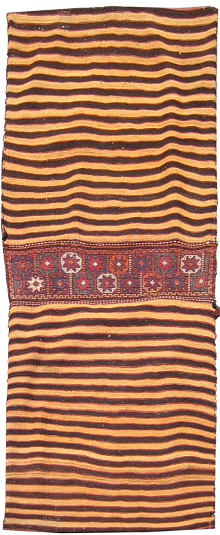 A magnificent saddle bag from the Kurds of Khurasan
Circa 1900, in mint condition 
Reds, blues, greens and ivory are the colours of this fine weft-wrapped bag
Dimensions: 170 x 70cm

    