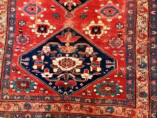 Old North west Persian rug with Minakhani references. Fabulous colors. Sporadic condition issues which shouldn’t bother serious collectors. Or a smart decorator. Or a regular person.       