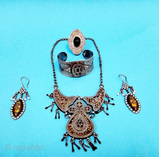 A Beautiful Bukhara Necklace , Bracelet , ear ring & ring a complete set Silver with gold plated 19th Century             