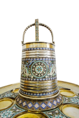 A extremly Beautiful swing-handled bucket chased in relief with heavily-armed bogatyrs and a castle and twisted ,bucket exterior complete enamel gilded ,with 8 birds bucket big round rimed dish with six enamel  ...