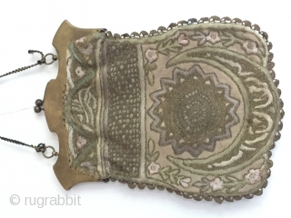 Late Ottoman pouch Kese,1890-1913, Edirne,Metal and silk embroidery on linen size 24 cm x 18,5 cm ,very good condition              