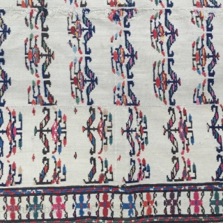 Antique ivory Shahsavan Verneh Moghan Region 1860-1880 Century very good condition
material Information  natural Dyes wool six panels of jajim Kilim stripes sewn together
size 146 cm x 185 cm    