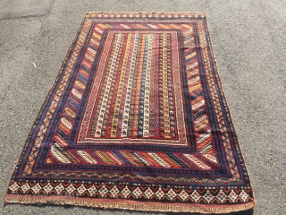 Unusual late 19th century striped Luri qashqai South West Persia Fars , Orginal ends and sides, no restoration been done 
Highlight: Kilim ends with brocade / 9 knots Cotton pile dyed (protection  ...