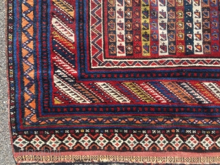 Unusual late 19th century striped Luri qashqai South West Persia Fars , Orginal ends and sides, no restoration been done 
Highlight: Kilim ends with brocade / 9 knots Cotton pile dyed (protection  ...