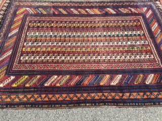 Unusual late 19th century striped Luri qashqai South West Persia Fars , Orginal ends and sides, no restoration been done 
Highlight: Kilim ends with brocade / 9 knots Cotton pile dyed (protection  ...
