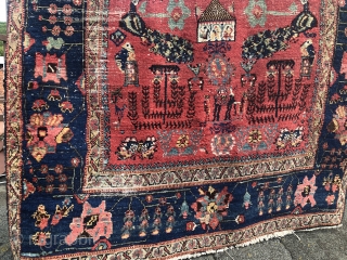 Antique Mysterious Senneh Rug with peacock ,elephant  , scorpion,butterfly,chicken,horse,willow ,nomadic tent and other unique drawings. 
A North West Persian highlight . 
Age : mid 19th century  +- 
Material: wool /  ...