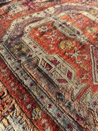 Early 19th century Western Anatolia Bergama Prayer Rug Size: 157 cm x 129 cm 
Unique saturated colours old repairs . Quite unusual and rare design of six oil lamps ..
Please contact bjoernboettger@yahoo.com  ...