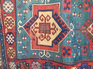 Old fachralo kazak rug with 3 medellin, attractive colores,with green field size 139cm x 205cm filled with art work.it can be use directly as a very rare fachralo after good cleaning or  ...