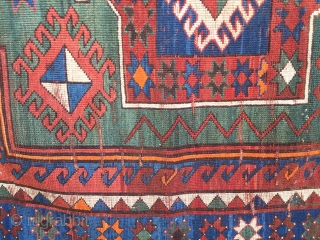 Old Fachralo Kazak rug with one Medellin of double head.
It has beautiful green field+warm colores.
Size 143cm x 200cm. it is in a good condition

Price €2750 including shipping and Ins.

Stephan Athir pages  