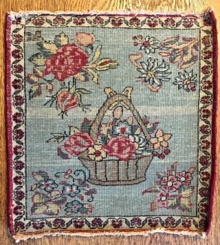 Antique "Folk Art In A City Rug"  14" x 14" Kerman . . . full pile & in original condition, having only one narrow border.  stephenehofmann@gmail.com     