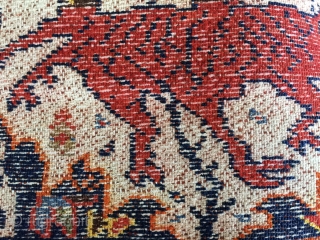 Doppelgänger Galloping Gazelles 3' 1" x 4' 5" West Persian Village Rug.  Single white cotton wefting is intertwined with brown or red wool strands.  The red . . . and  ...