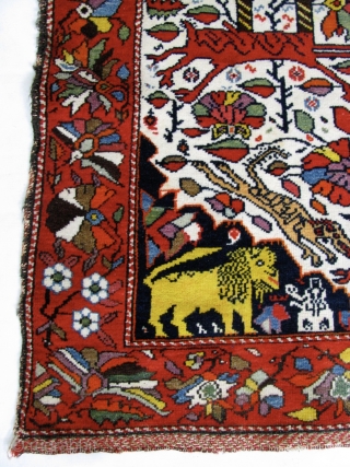 Doppelgänger Galloping Gazelles 3' 1" x 4' 5" West Persian Village Rug.  Single white cotton wefting is intertwined with brown or red wool strands.  The red . . . and  ...