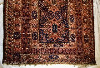 Circa 1915 Antique 3' 10" x 7' 0" Salar Khani Baluch, remaining in full pile condition and retaining
original side and end finishes. Has a few holes. Price includes shipping throughout continental U.S.
$275  ...