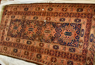 Circa 1915 Antique 3' 10" x 7' 0" Salar Khani Baluch, remaining in full pile condition and retaining
original side and end finishes. Has a few holes. Price includes shipping throughout continental U.S.
$275  ...