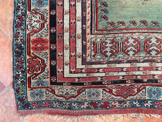 Antique Mudjur Prayer rug, circa 1850 - 168 x 121 cm.
In original condition, some wear. Lovely early dyes and soft wool.

£1100 ono.           