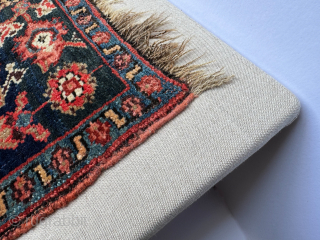 Antique Bidjar bag face, circa 1890, that has been carefully sewn onto a hessian wrapped wooden frame, which can be hung on a wall as a piece of rug art.

The size of  ...