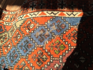 Hamadan wool rug, W 3' 2", L 6' 2". Believe to be 1890-1910.Multi-colored with three borders, diagonal multi-colored patterns. 

Two places with significant wear as pictured - presents very well overall.  