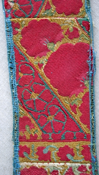 A very good circa 1850 Karakalpak  (Uzbekistan),  silk embroidered sash, that was used in a headdress.  Silk on cotton, and it was originally made like this, woven in short  ...