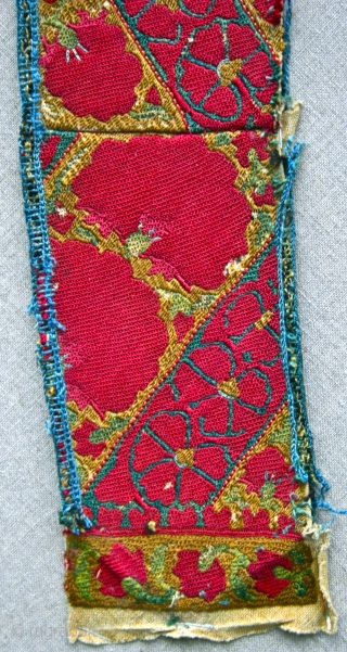 A very good circa 1850 Karakalpak  (Uzbekistan),  silk embroidered sash, that was used in a headdress.  Silk on cotton, and it was originally made like this, woven in short  ...