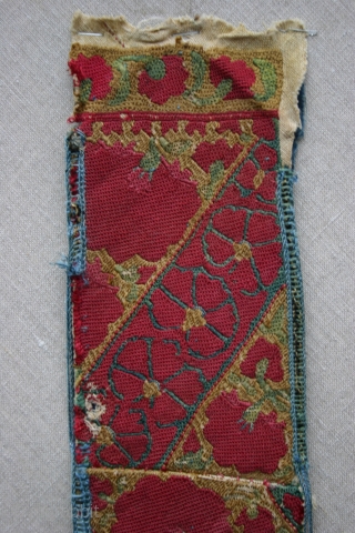A very good circa 1850 Karakalpak  (Uzbekistan),  silk embroidered sash, that was used in a headdress.  Silk on cotton, and it was originally made like this, woven in short  ...