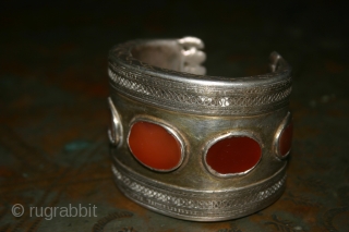 Antique Turkmen Bracelet, early 19th c., This is one of the oldest Turkmen bracelets I have ever seen. It also has the BIGGEST carnelian agate that I have seen on one of  ...