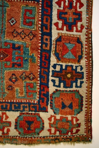 Archaic East Anatolian Yuruk Rug. circa 1800 - 1830. Size 7'4" x 3'1"
Condition is excellent with mostly full pile. One narrow border at one end is restored. Brilliant color and wool, in  ...