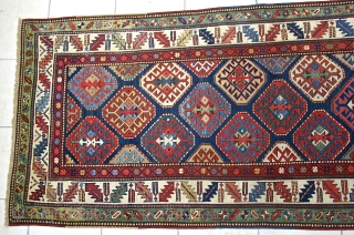 Antique Gendje / Circa 3rd qtr. 19th c.? Size: 7'2" x 1'3"
The beautiful small rug has an OUTSTANDING color palette and a brilliant array of multiple COLORS! I especially lov the lovely  ...