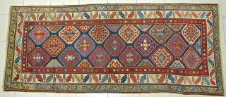 Antique Gendje / Circa 3rd qtr. 19th c.? Size: 7'2" x 1'3"
The beautiful small rug has an OUTSTANDING color palette and a brilliant array of multiple COLORS! I especially lov the lovely  ...