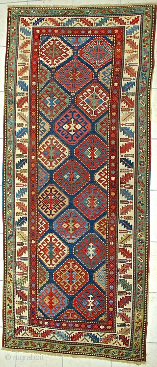 Antique Gendje / Circa 3rd qtr. 19th c.? Size: 7'2" x 1'3"
The beautiful small rug has an OUTSTANDING color palette and a brilliant array of multiple COLORS! I especially lov the lovely  ...