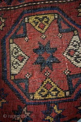 Antique Kirghiz mat. Circa 1885. Good pile, with nice wool; missing end borders. Good yellow and green! Interesting little Kirghiz of a type that is hard to find these days. size: 2'9"  ...