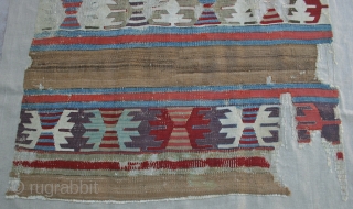 Central Anatolian Banded Kelim Fragment / Natural Camel Stripes
Circa 1800 / possibly earlier? Mounted on beige linen.
Size: 1.45 x .97m.  The kelim has a beautiful deep old rose color,
and the best  ...