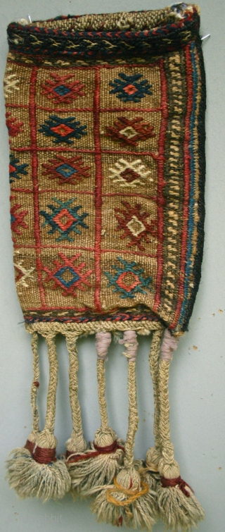 West Persian, perhaps Afshar? Spoon Bag
Last Qtr. 19th c.
All Good vegetal dyes, Excellent condition / NO Repairs
Very tight original horse hair ribbing seals the bag on the one side,
nice touch!
Natural Camel field.
Size:  ...