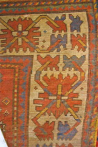 Really Old Bordjalu Kazak / First half 19th c.
Love the drawing of the borders, craft of the weaver, and it's slightly wonky sensibility.  The three little guys in different colors is  ...