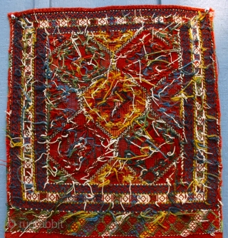 Azeri Verneh Khordjin, Circa 1875., size: 21"x37" "as displayed". This is a very good example of a well known type of Shahsavan Azeri bags. It has excellent dyes and the inclusion of  ...